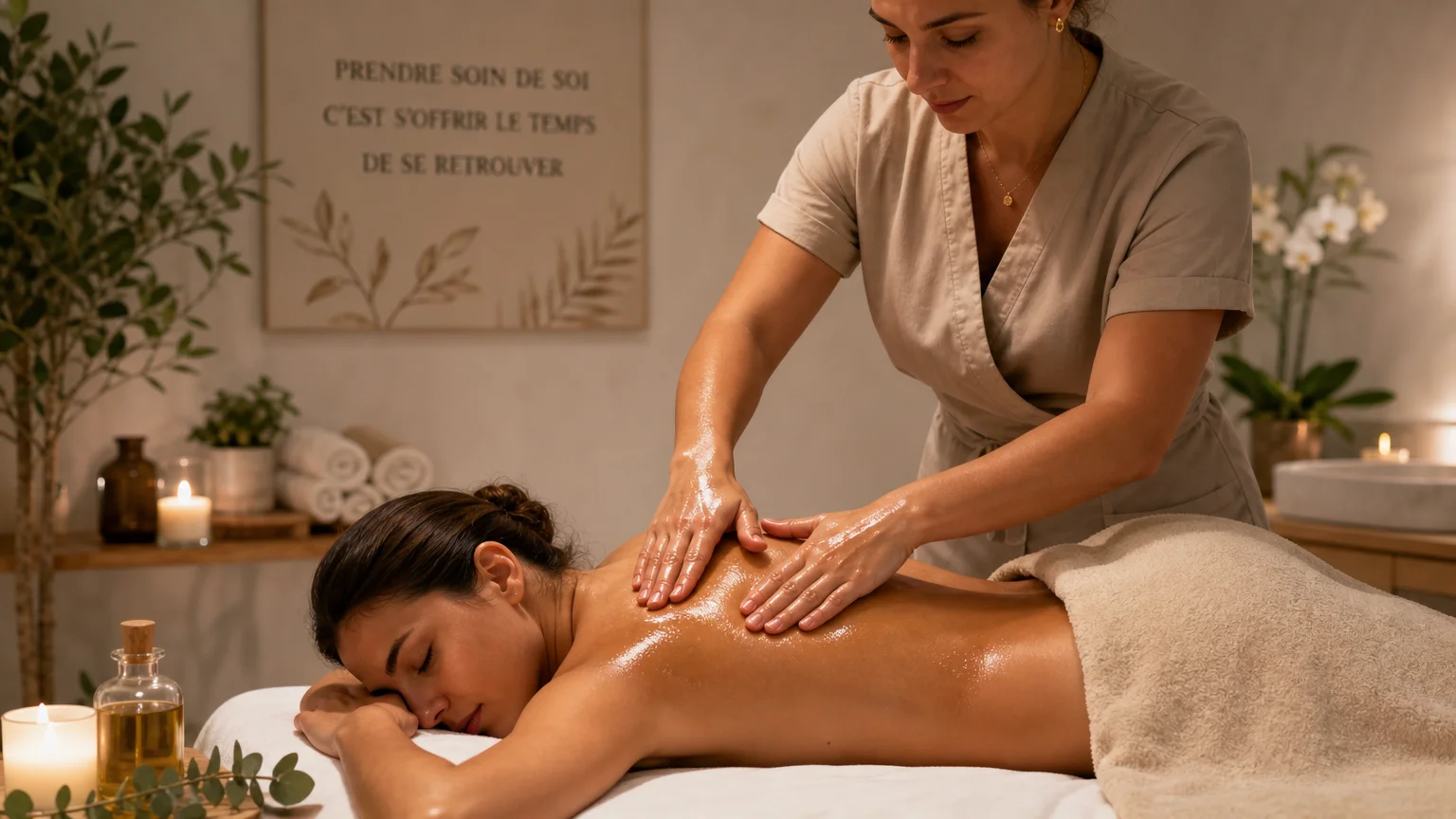 Massage relaxant à l'huile prolongeant les bienfaits du gommage