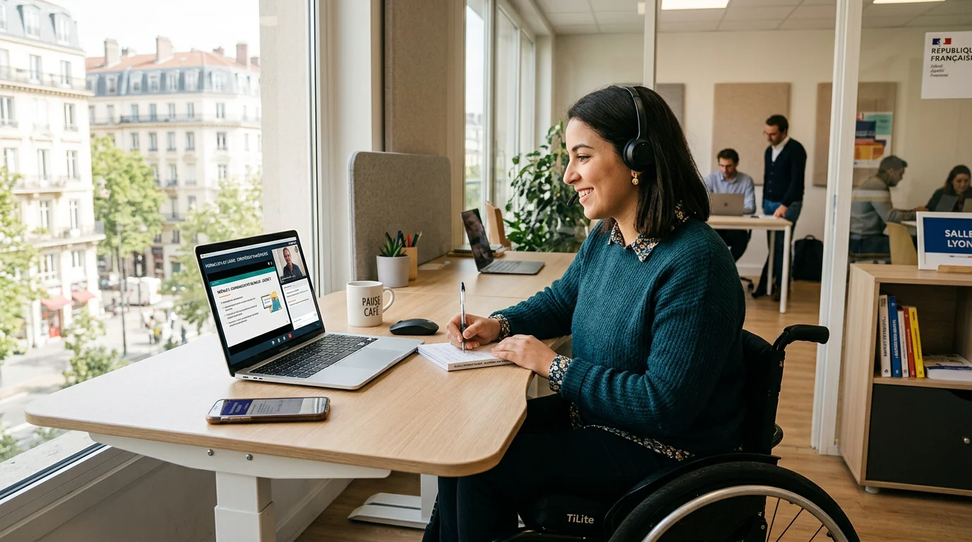 Personne en situation de handicap suivant une formation en ligne gratuite sur le handicap