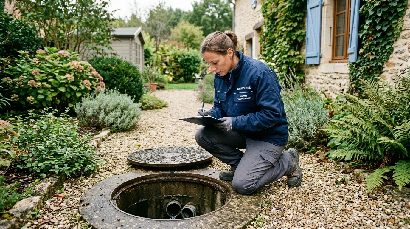 Technicien contrôlant un regard d'assainissement collectif dans un jardin