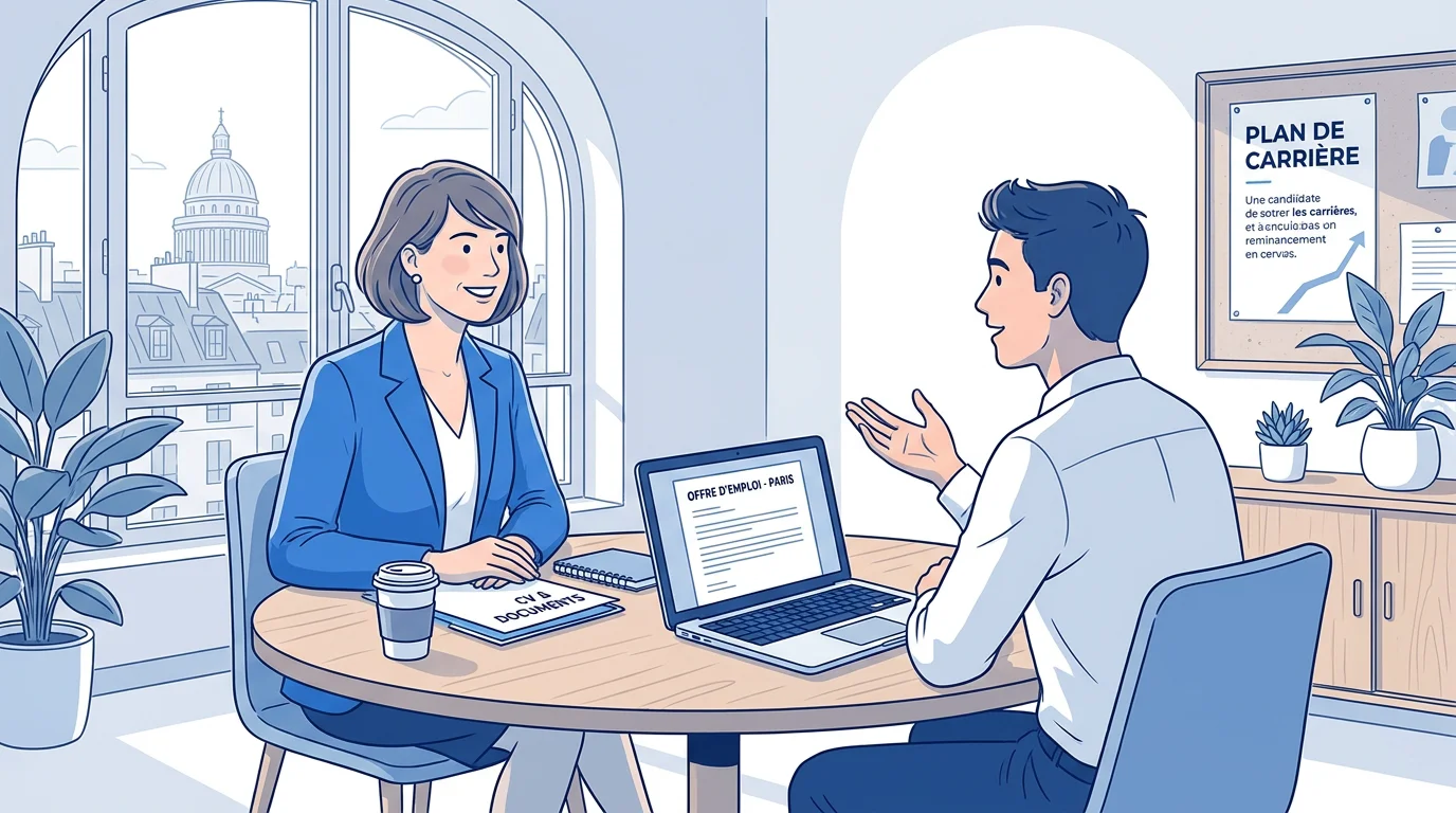 Entretien entre un conseiller en recrutement et un jeune candidat en alternance dans un bureau moderne en France