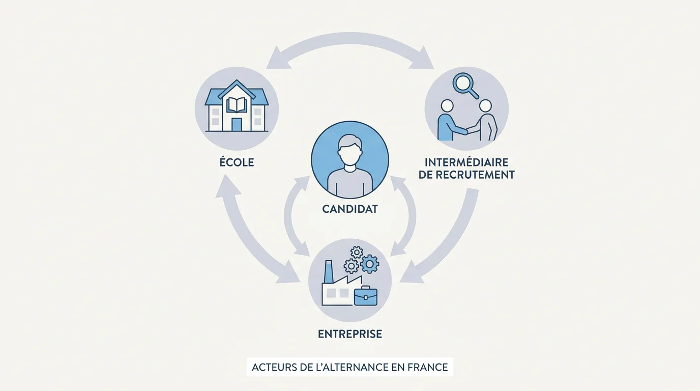 Schéma illustrant les différents acteurs du recrutement en alternance en France : candidat, école, entreprise et intermédiaire