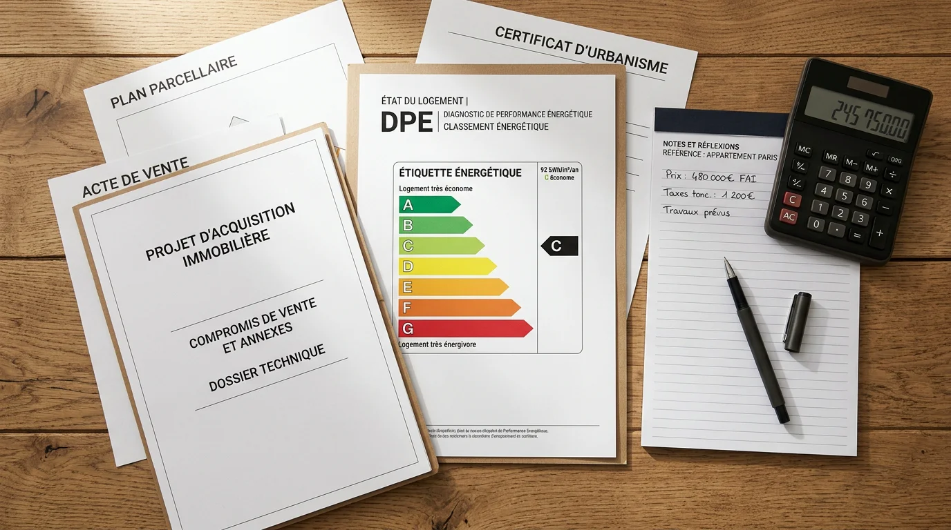 Documents de diagnostic immobilier et étiquette énergétique sur un bureau