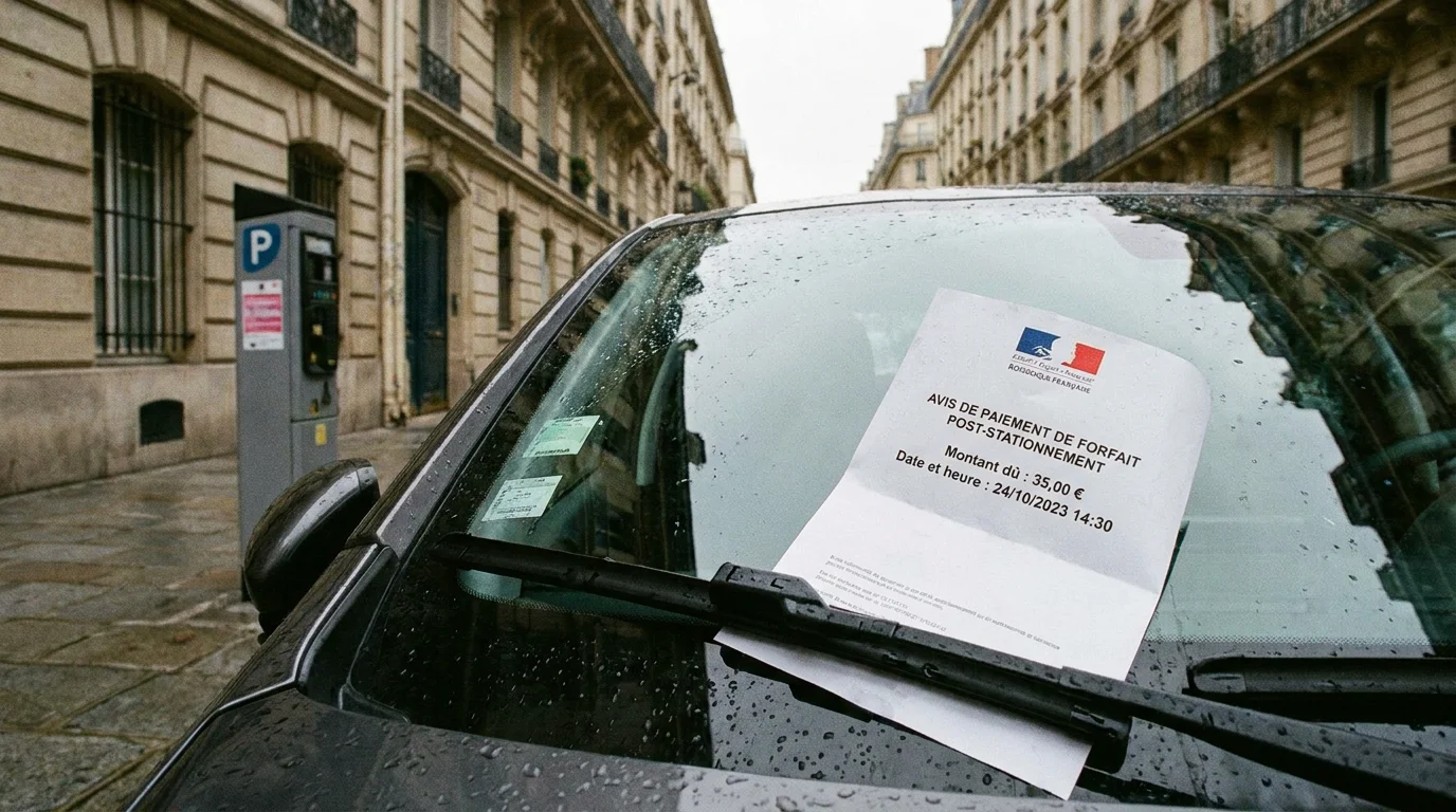 Avis de paiement de forfait post-stationnement sur un pare-brise en France