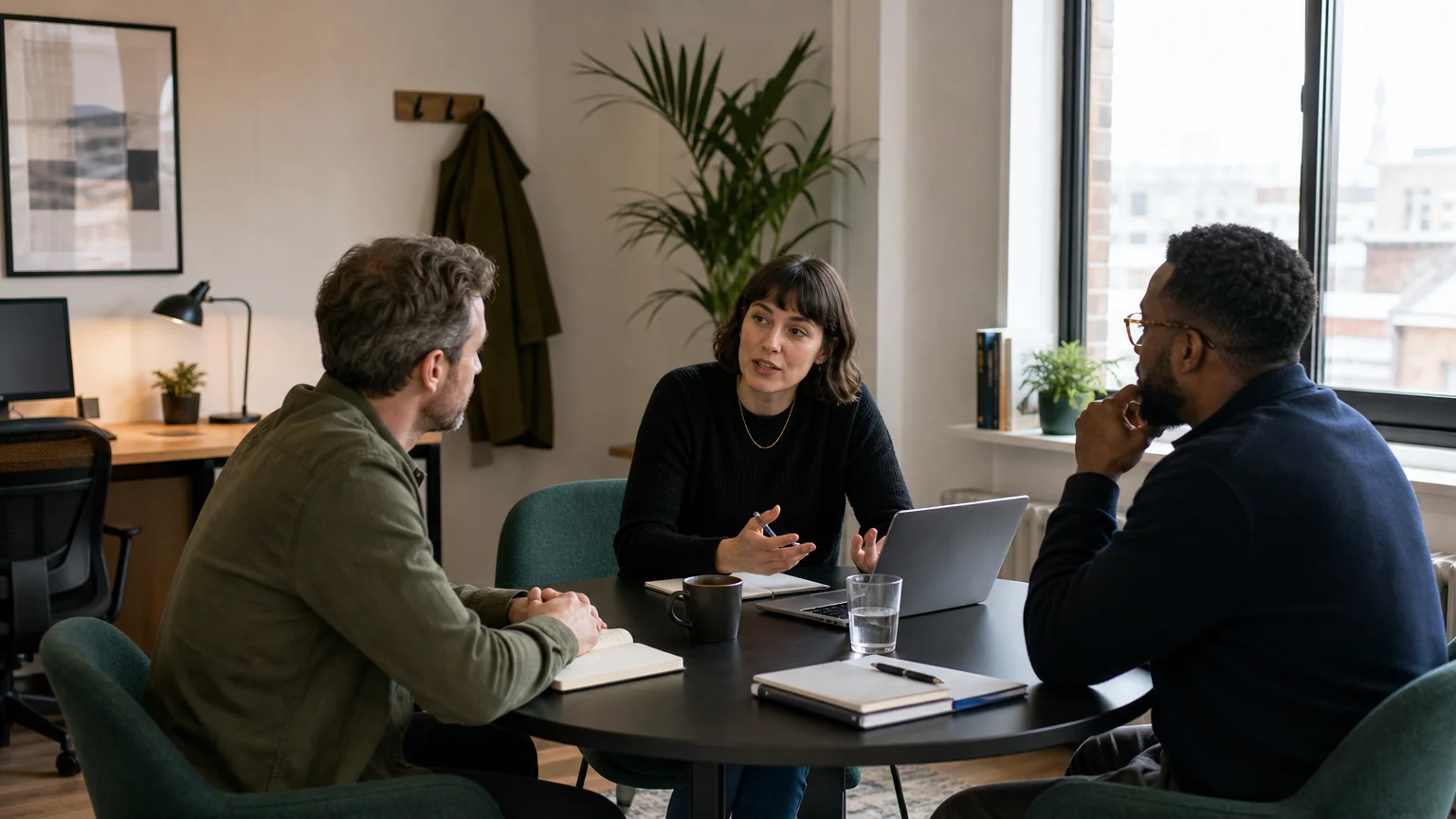Colleagues discussing work in a dedicated private office