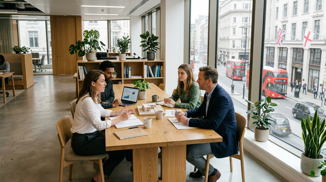 A modern city-centre office where a professional team collaborates near large windows