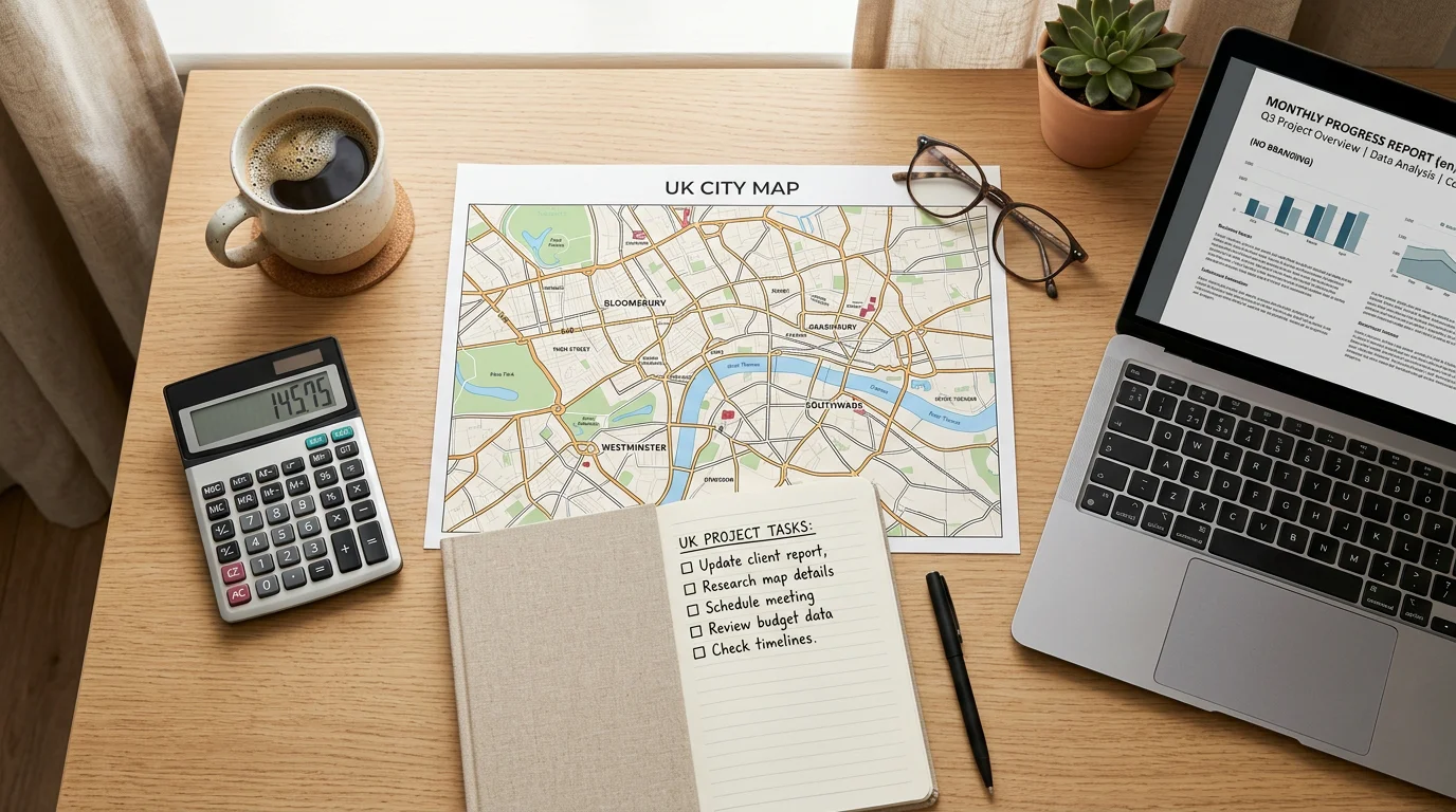 Overhead view of a desk with a UK city map, checklist and calculator for planning an office move