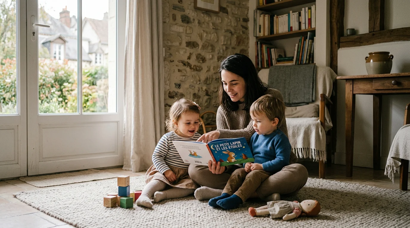 Nounou lisant un livre à deux jeunes enfants dans un salon lumineux