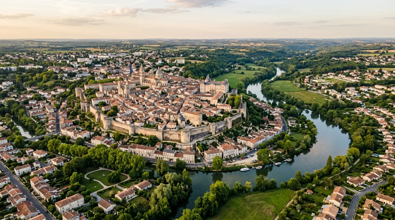 Vue aérienne des quartiers d'Angoulême sur son plateau et le long de la Charente