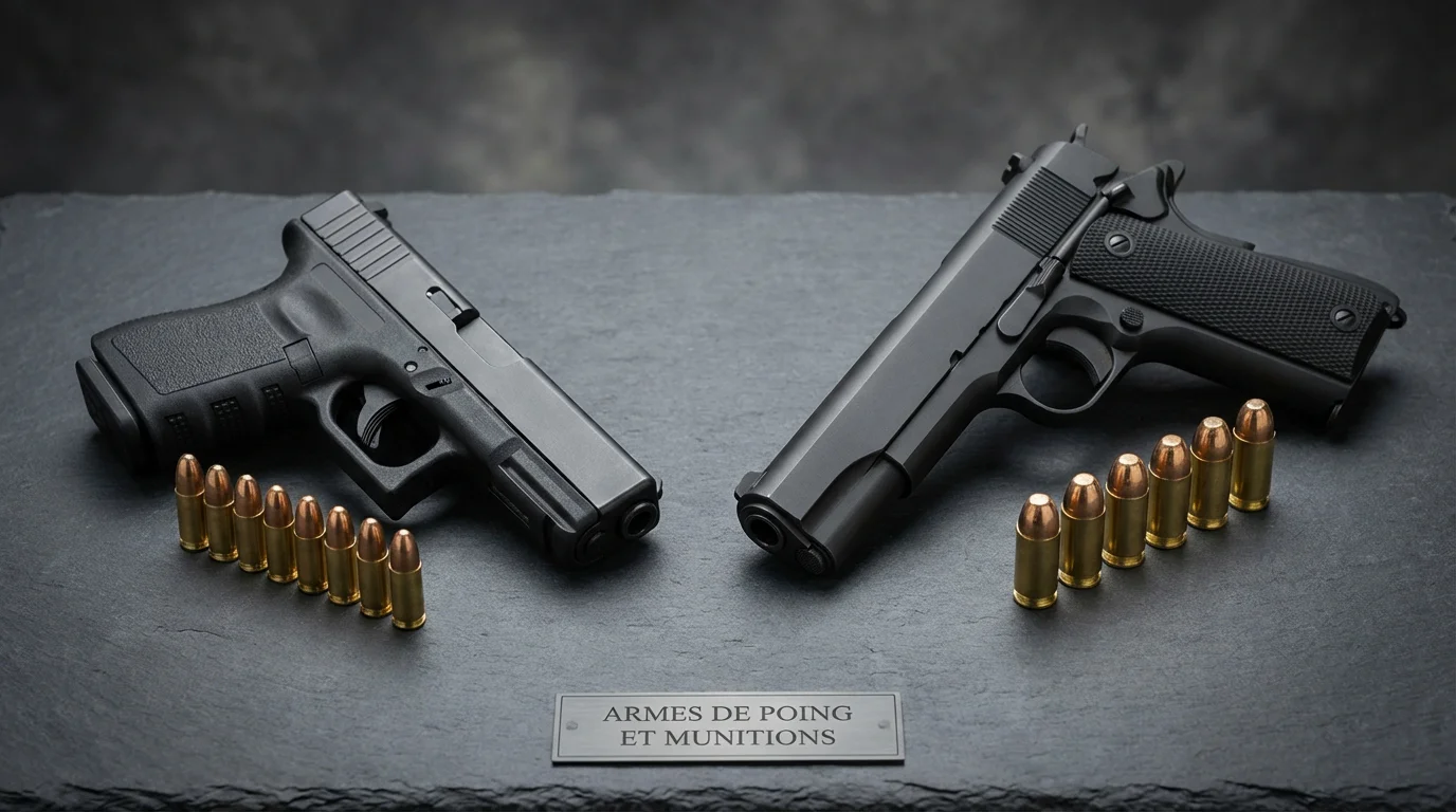 Comparaison visuelle entre un pistolet compact 9x19 et un pistolet pleine taille en calibre .45 ACP avec leurs munitions respectives