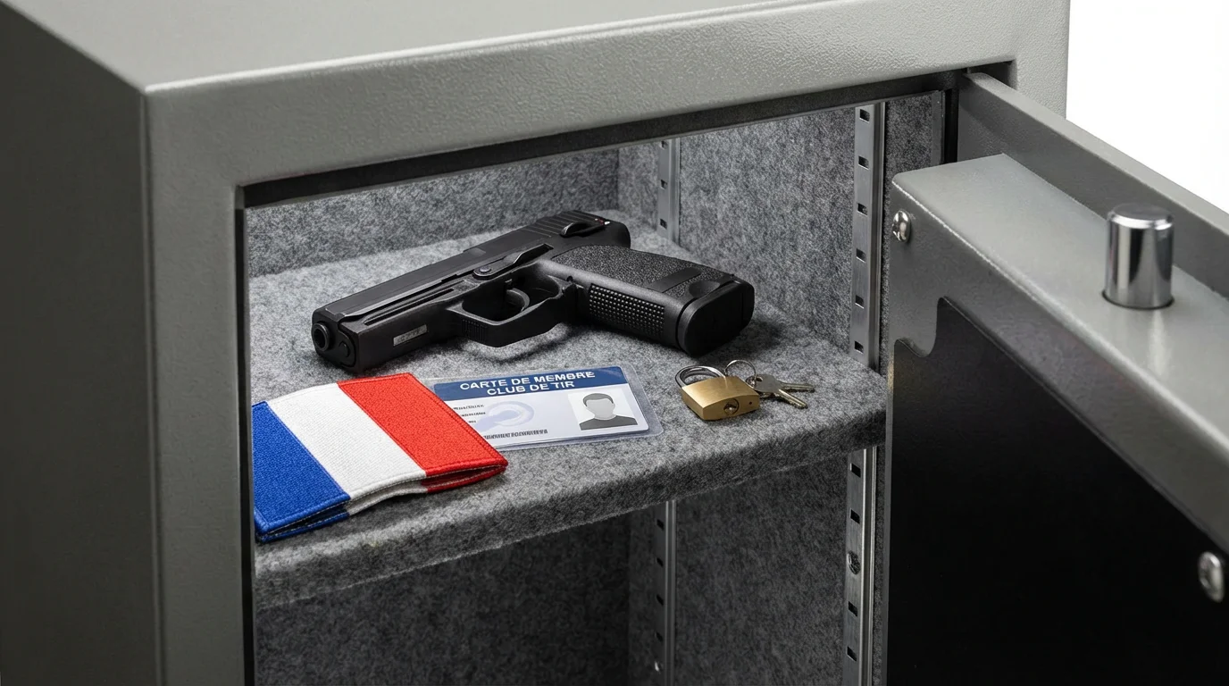 Coffre-fort ouvert contenant un pistolet et des documents réglementaires pour la détention d'armes de catégorie B en France