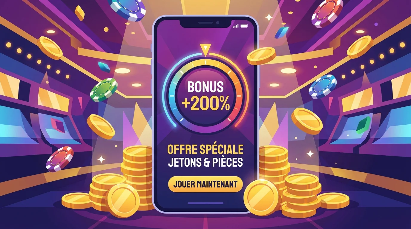 Smartphone affichant une interface de bonus de casino en ligne avec jetons et pièces dorées
