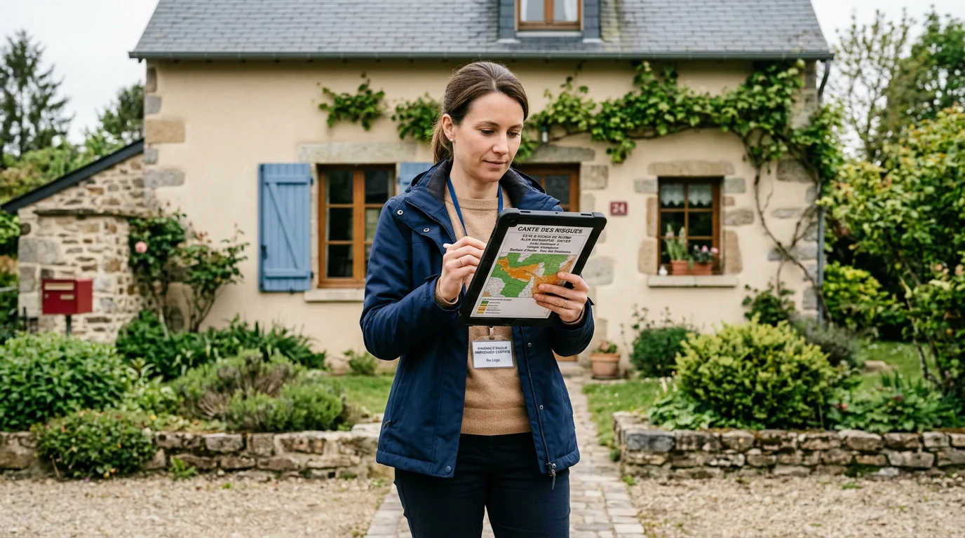 Un diagnostiqueur consulte une cartographie des risques devant une maison