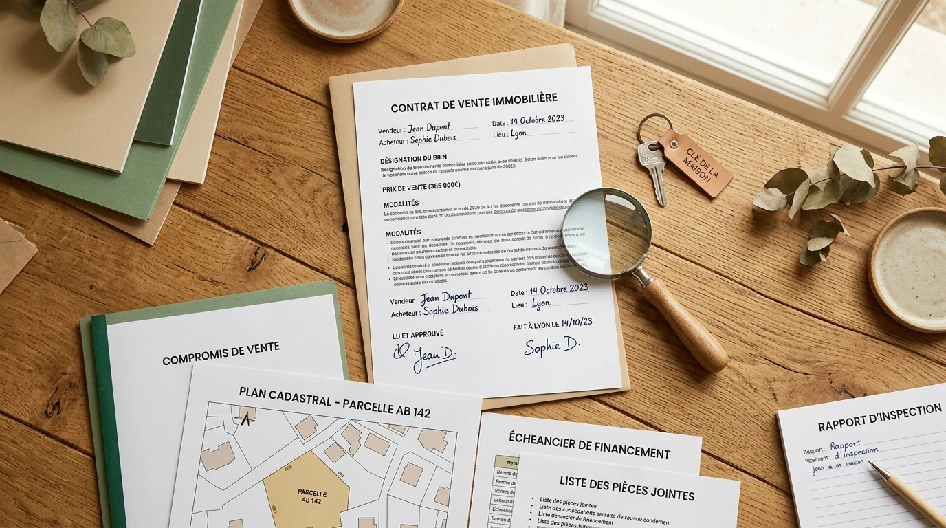 Documents de transaction immobilière et clé posés sur un bureau