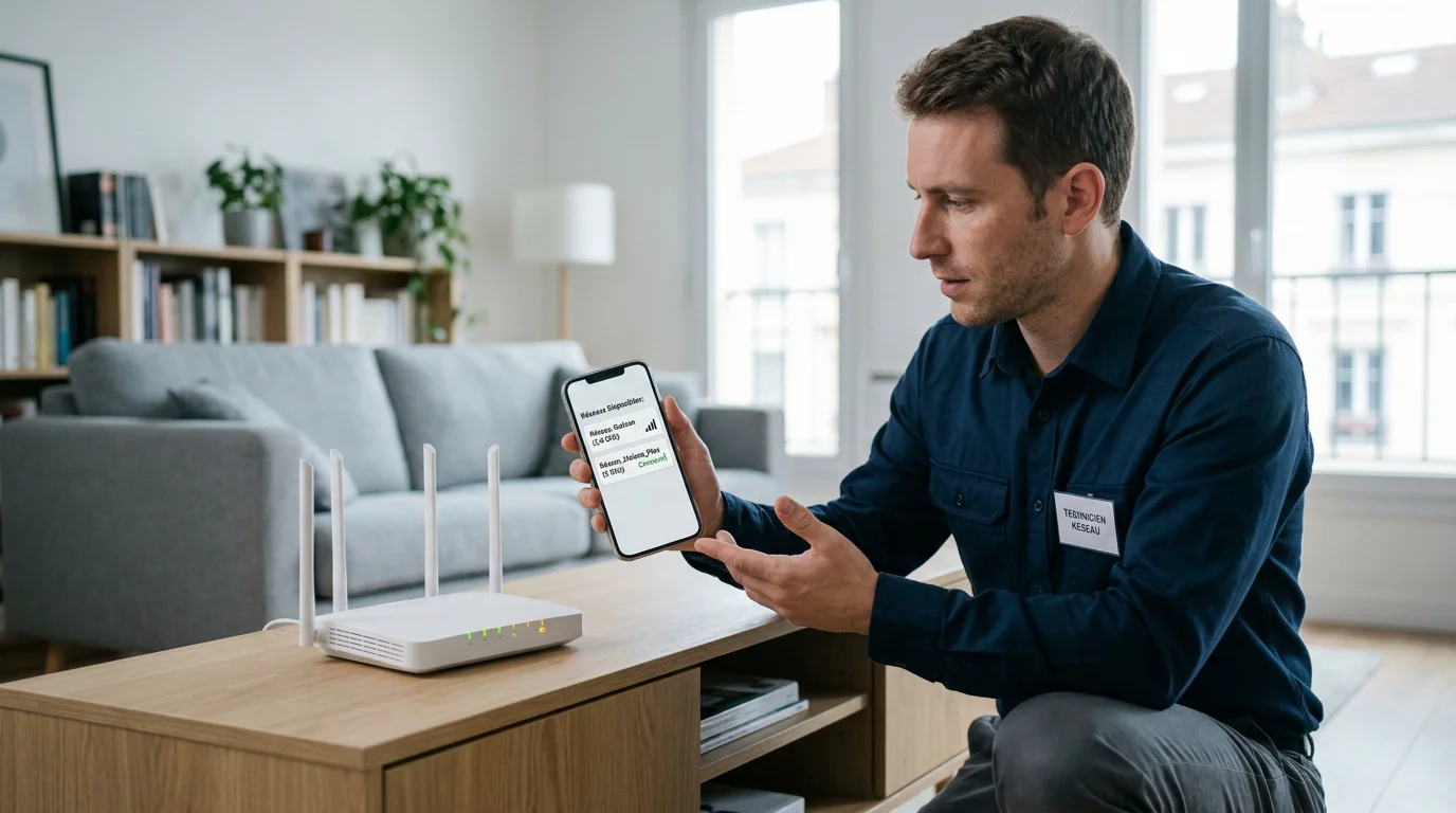 Technicien vérifiant la bande de fréquence WiFi d'une caméra sur un smartphone