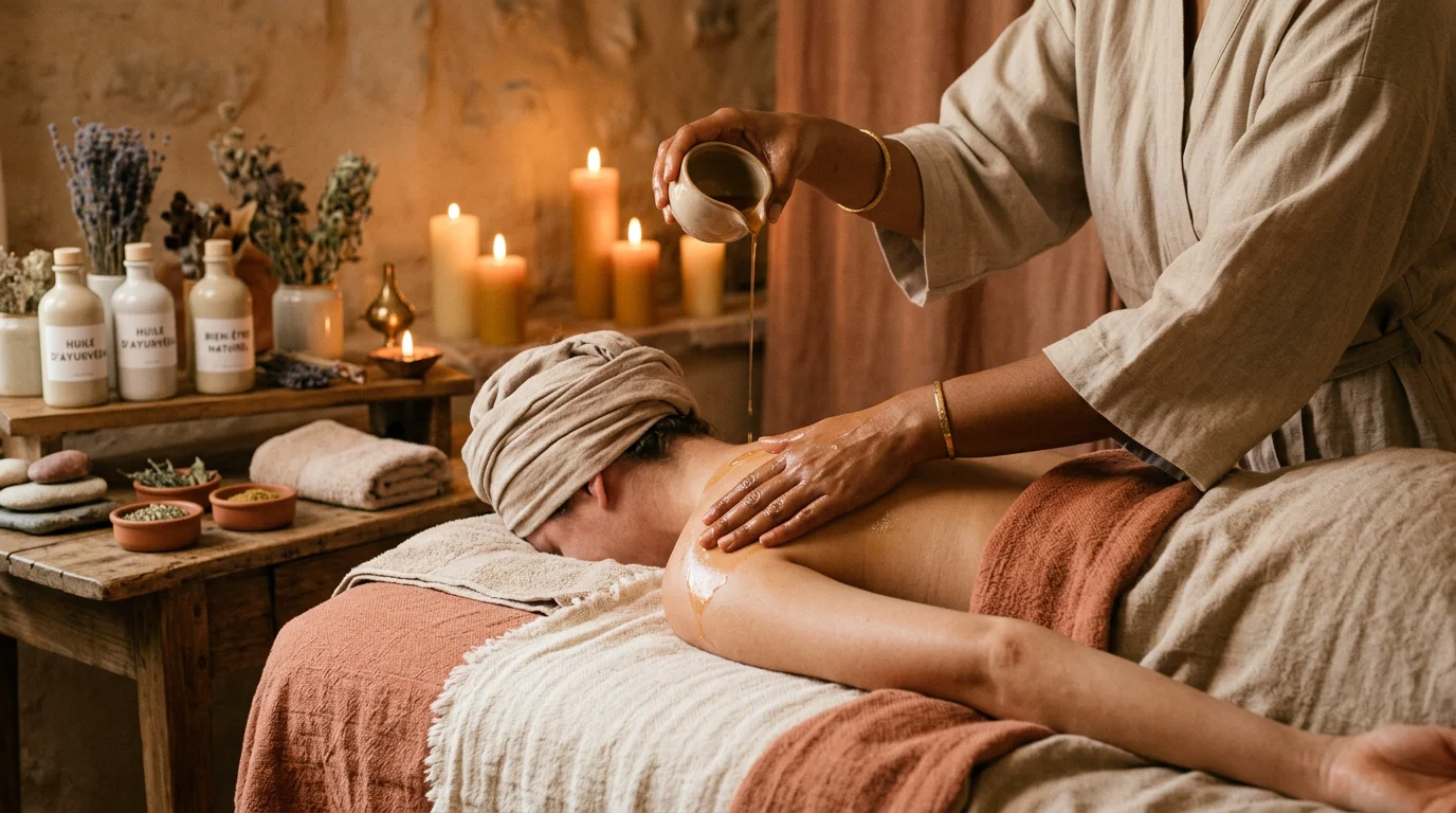 Rituel de massage ayurvédique aux huiles chaudes