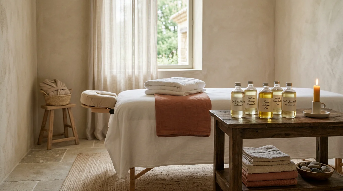 Cabine de massage ayurvédique avec huiles chaudes et bougies