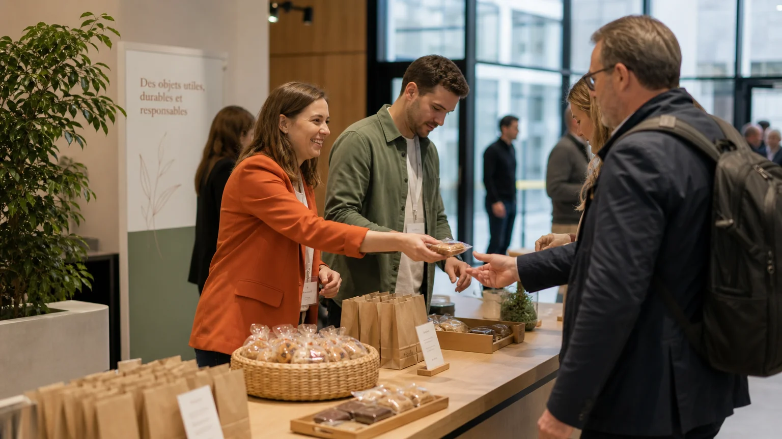 Distribution de gourmandises personnalisées sur un salon professionnel