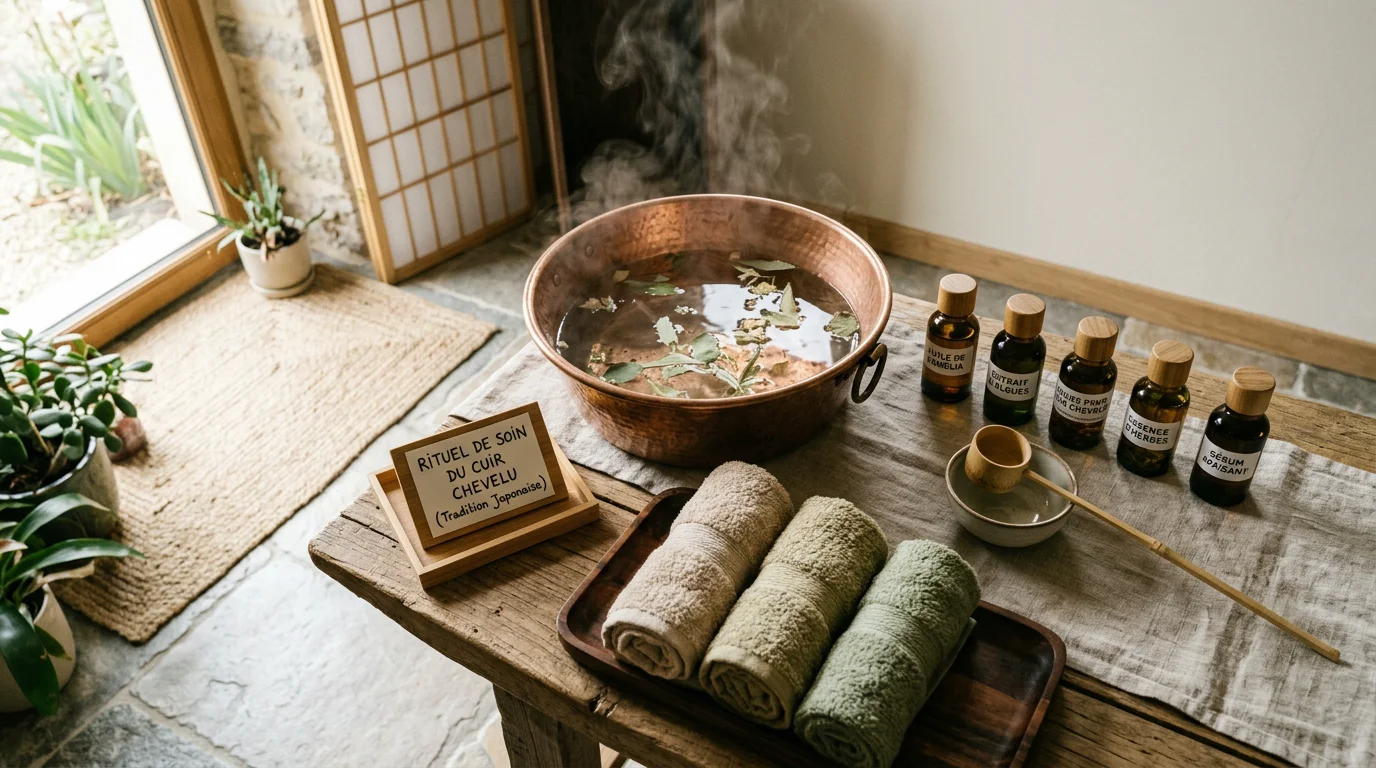 Ambiance d'un soin Head Spa japonais avec bac de lavage et huiles naturelles