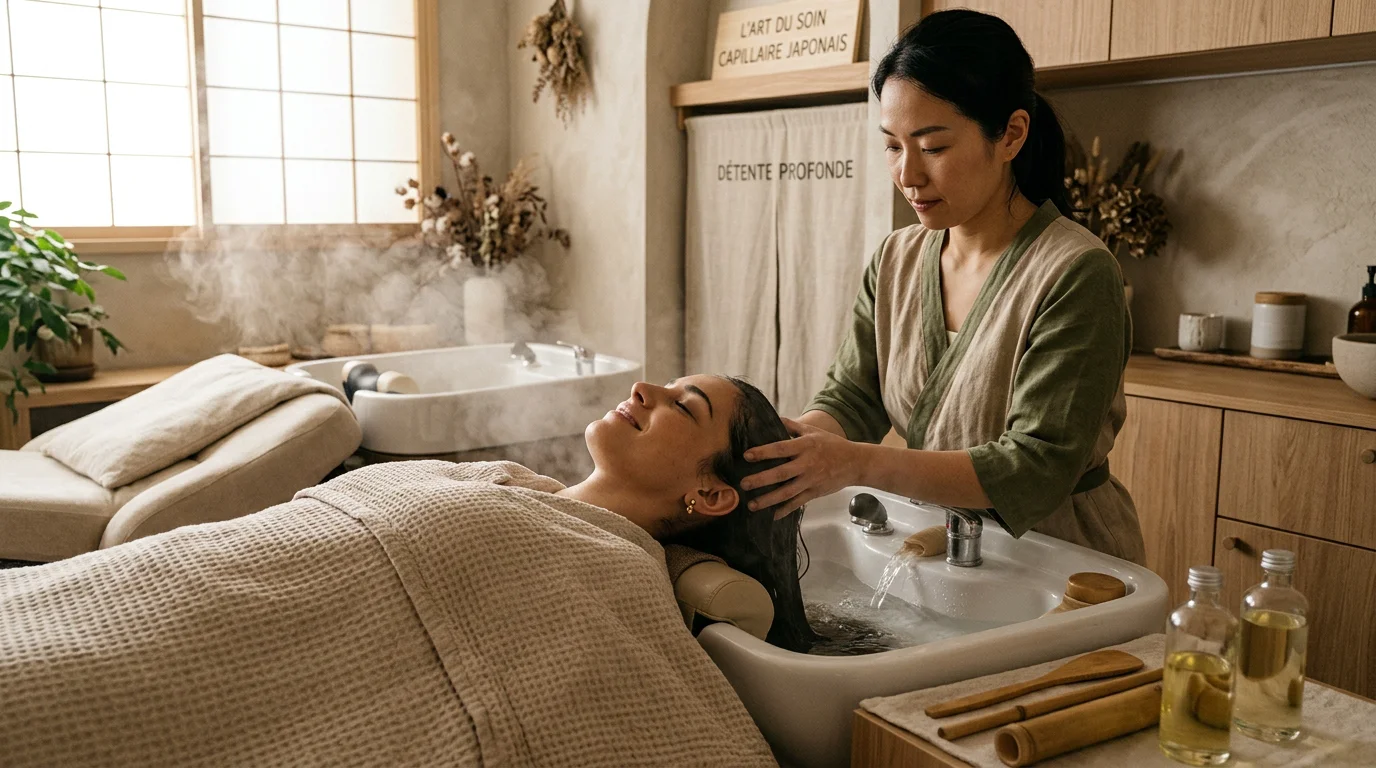 Cliente détendue lors d'un soin Head Spa japonais dans une cabine de bien-être