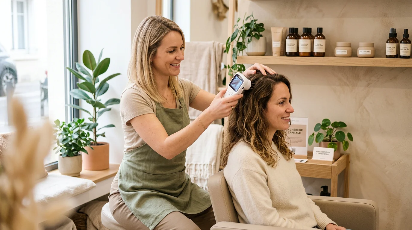 Professionnelle réalisant un diagnostic du cuir chevelu sur une cliente en salon