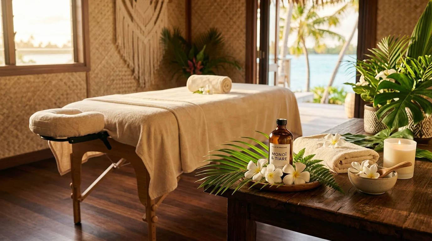 Ambiance de massage polynésien avec huile de monoï, fleurs de tiaré et feuilles tropicales