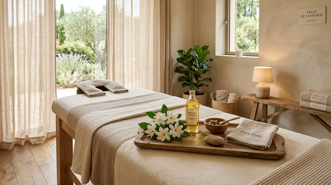 Flacon d'huile de monoï et fleurs de tiaré sur un plateau en bois dans une cabine de massage