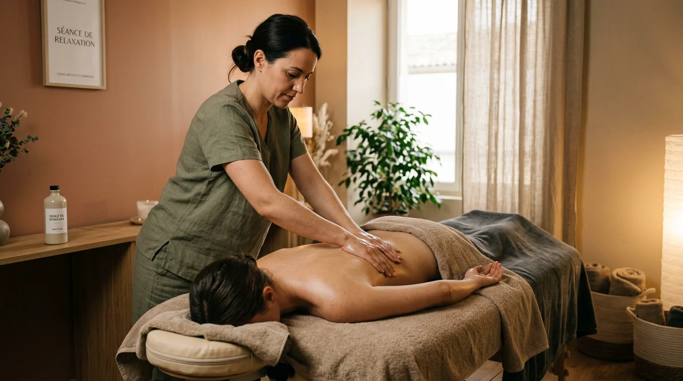 Praticienne réalisant un massage fluide à l'huile sur le dos d'une cliente en institut