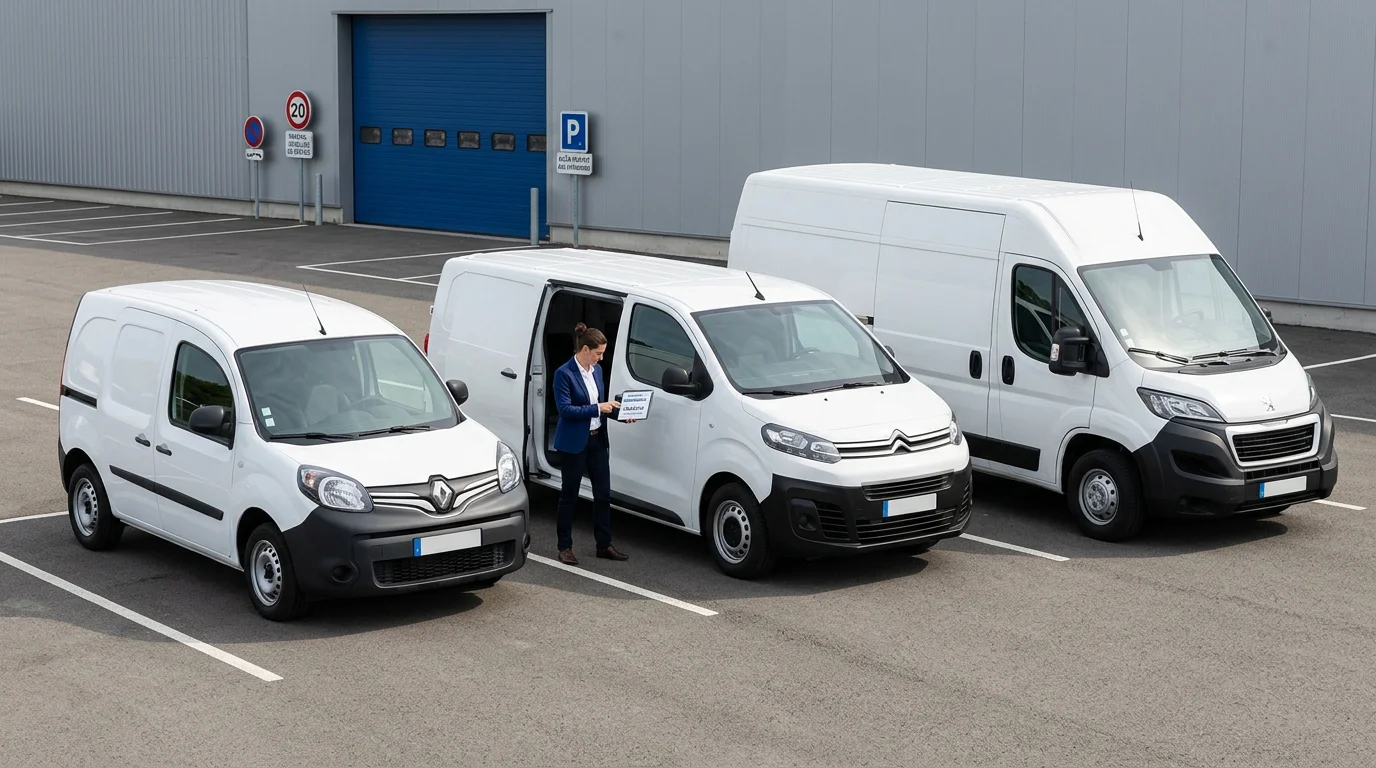 Gamme d'utilitaires de différents volumes alignés dans un dépôt