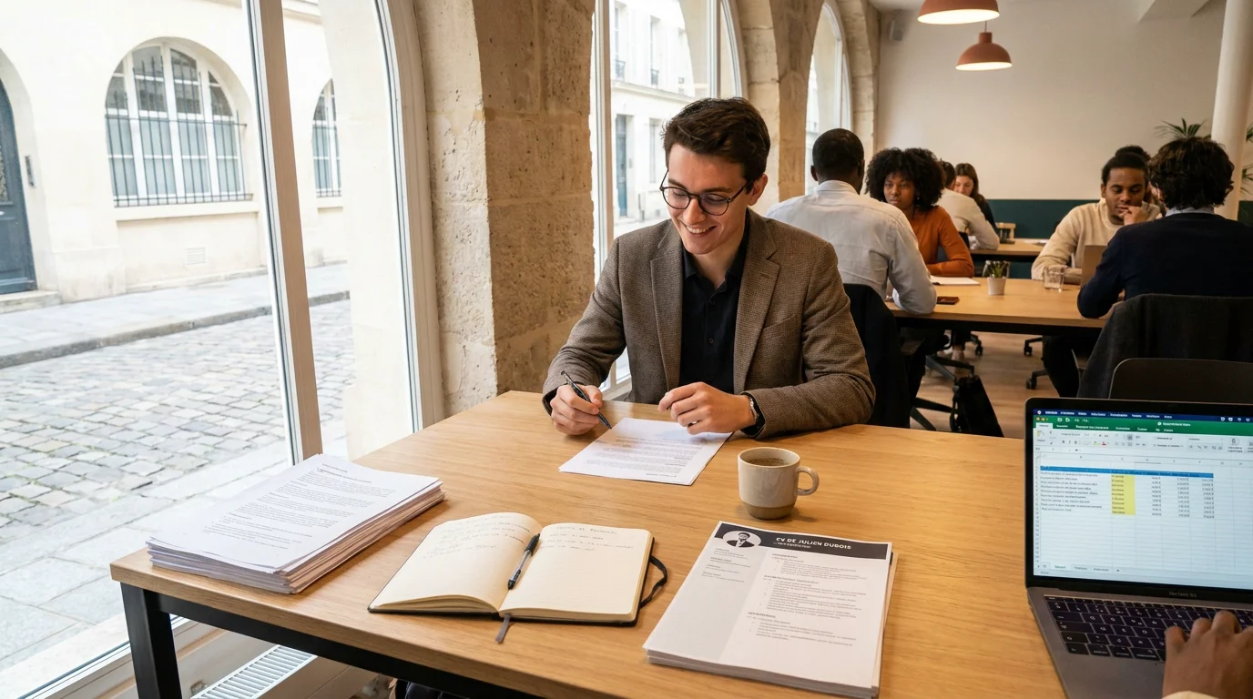 Jeune candidat préparant son CV et sa candidature en alternance dans un espace de travail moderne en France