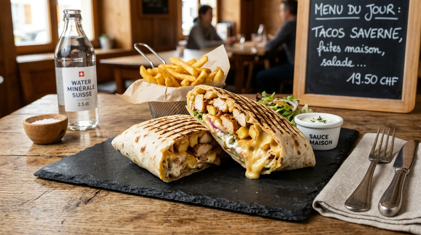 Tacos du chef coupé en deux révélant viande, frites et sauce fromagère