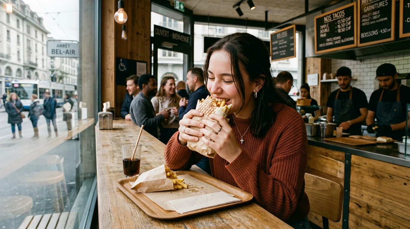 Client dégustant un tacos du chef dans un restaurant urbain