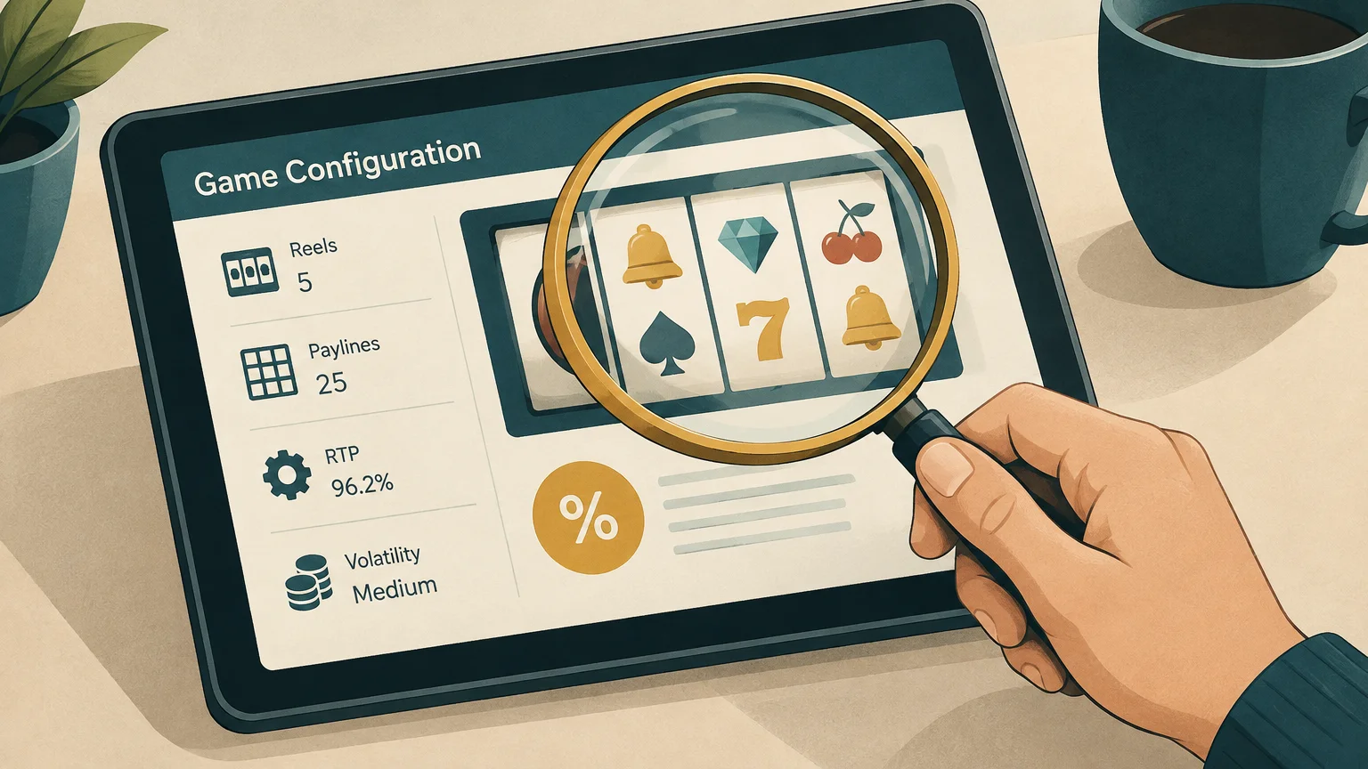 Close-up illustration of a player checking a slot game’s information panel