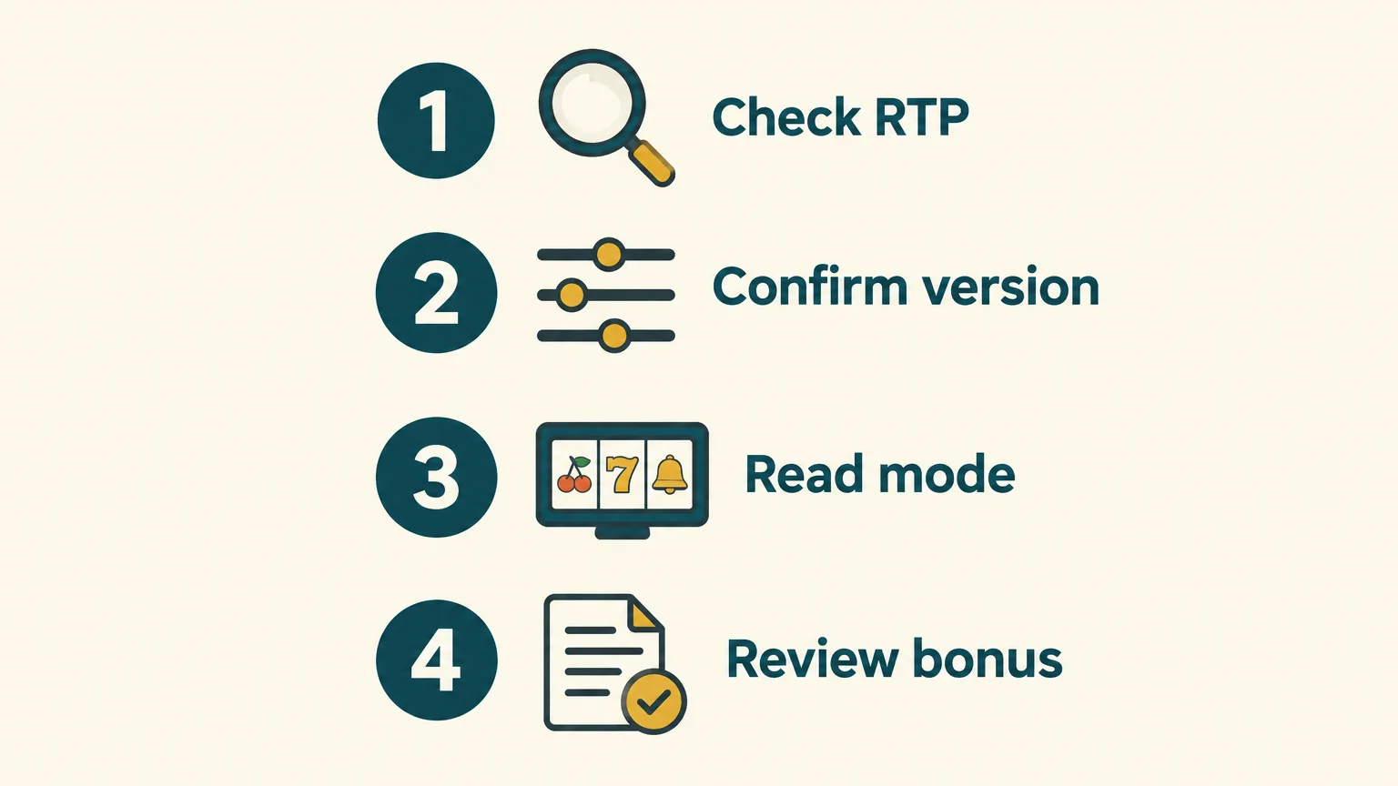 Four checks for verifying a slot’s RTP, version, mode, and bonus rules