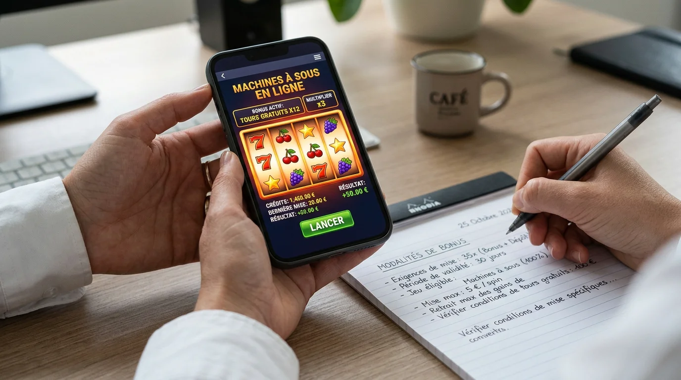 Joueur examinant les conditions d'un bonus gratuit de casino sur son téléphone