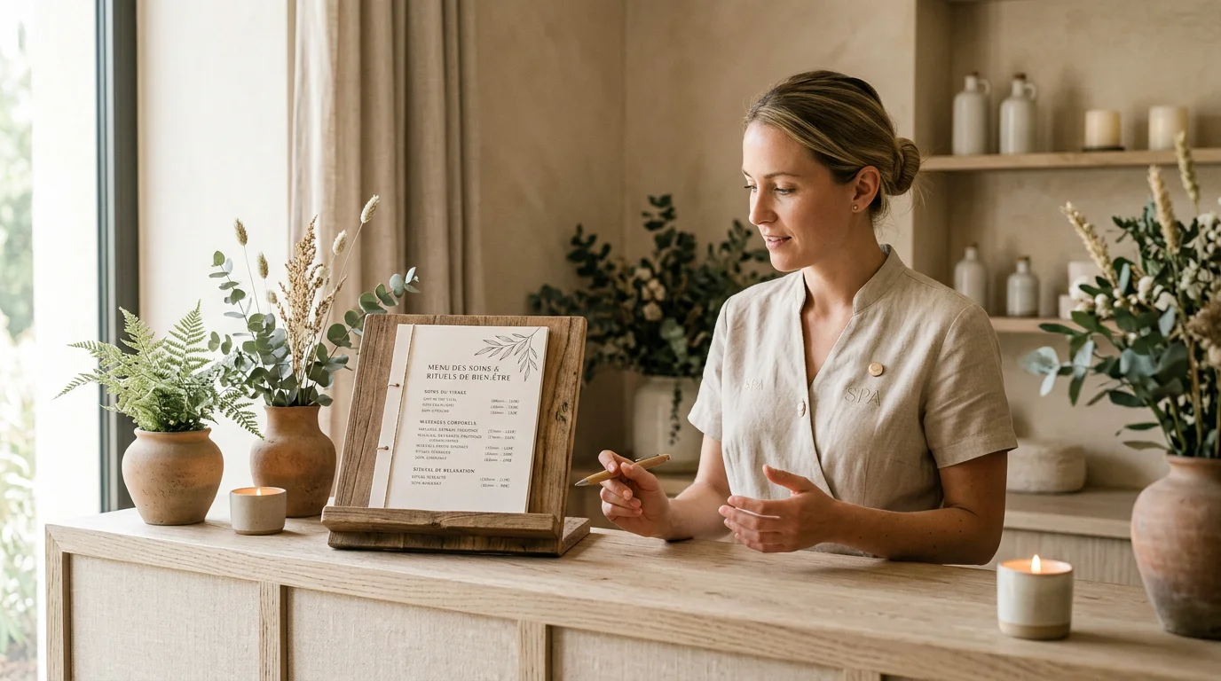 Praticienne bien-être révisant une carte de soins imprimée à l'accueil d'un spa
