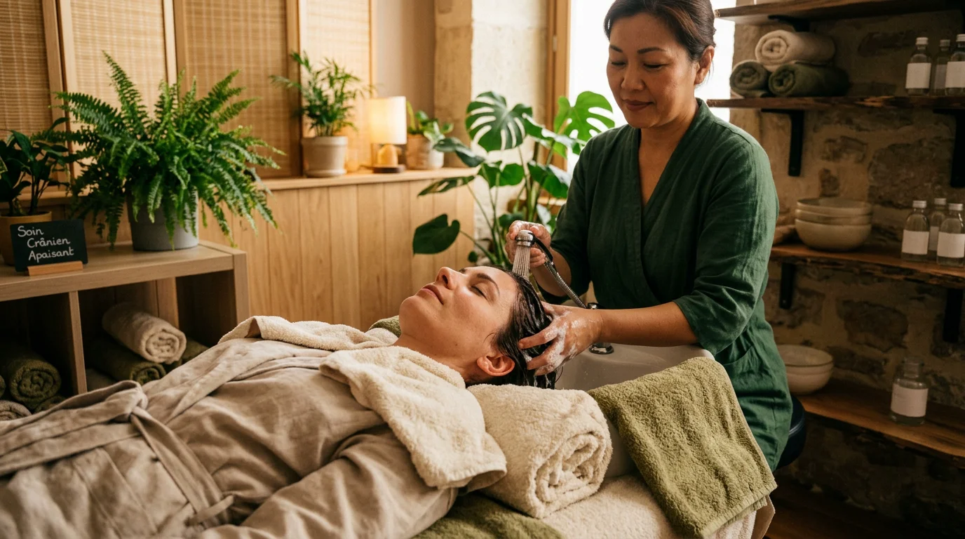 Soin Head Spa japonais du cuir chevelu dans un environnement spa apaisant