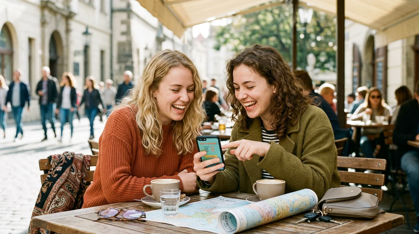 Two European friends comparing daily geography game scores at a cafe