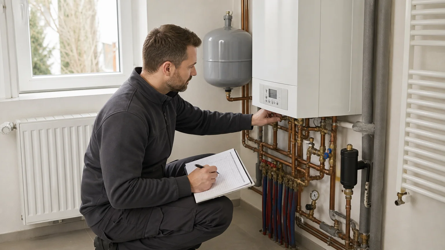 Technicien réalisant l’étude technique d’une installation de chauffage