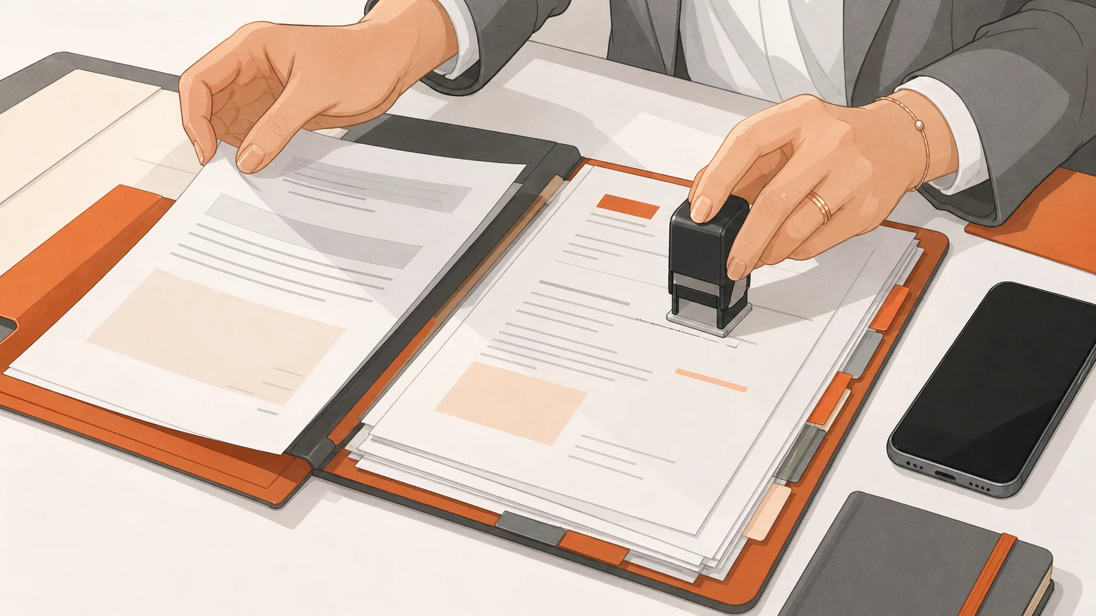 Mains classant des documents et un téléphone pour préparer un dossier juridique.