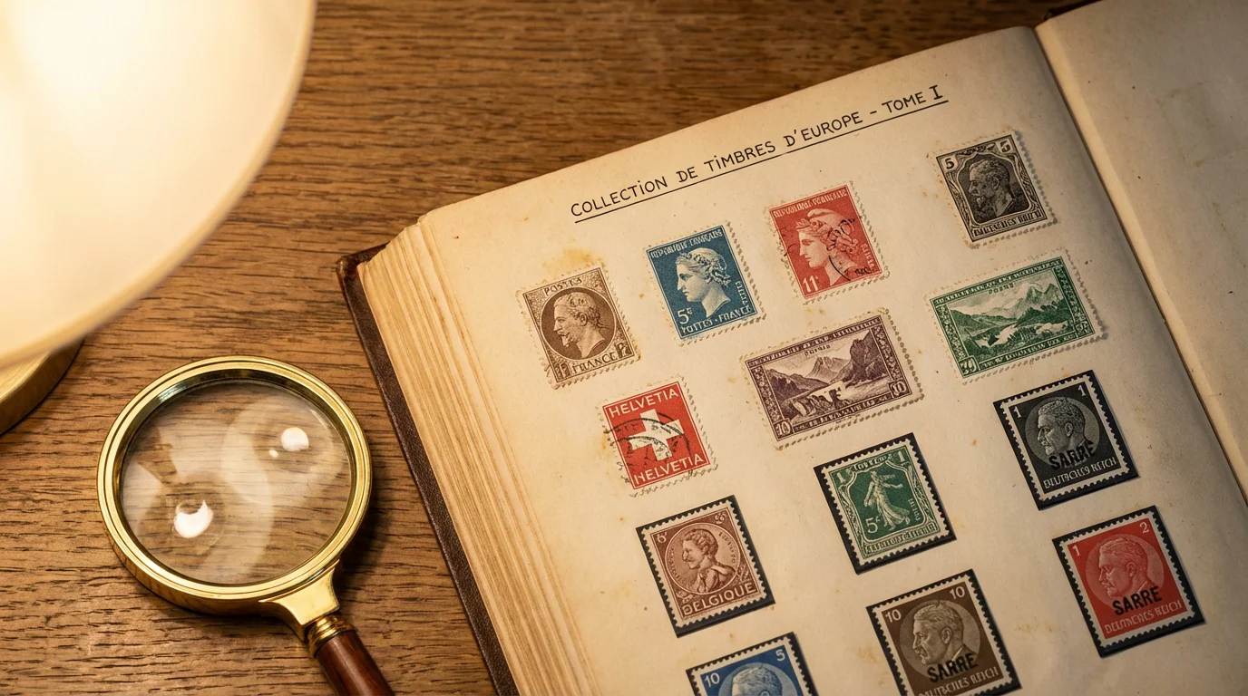 Album de timbres anciens belges ouvert sur un bureau en bois avec une loupe