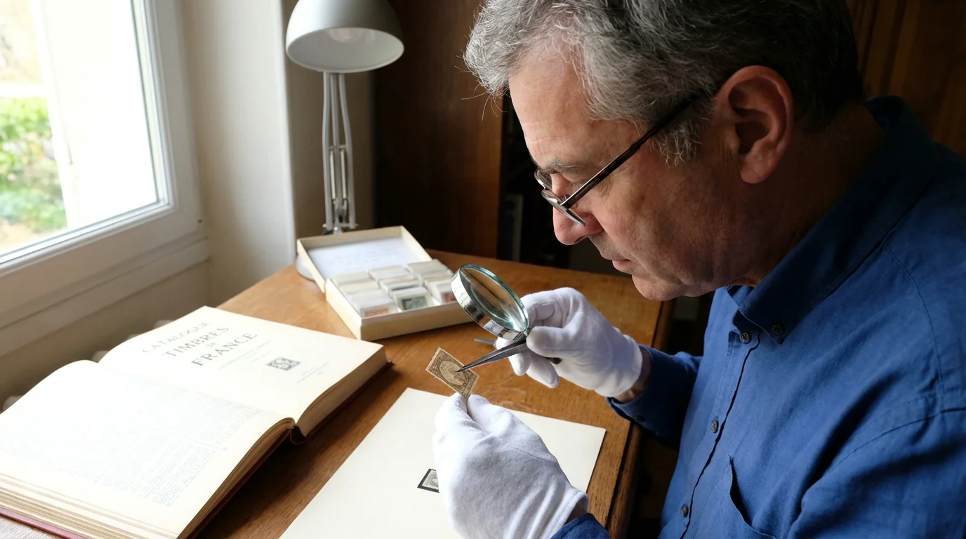 Expert philatéliste examinant un timbre belge avec une pince à épiler