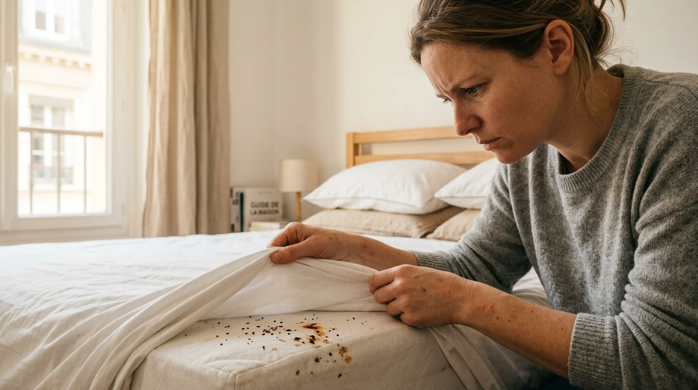 Personne découvrant des traces de punaises de lit sur un matelas