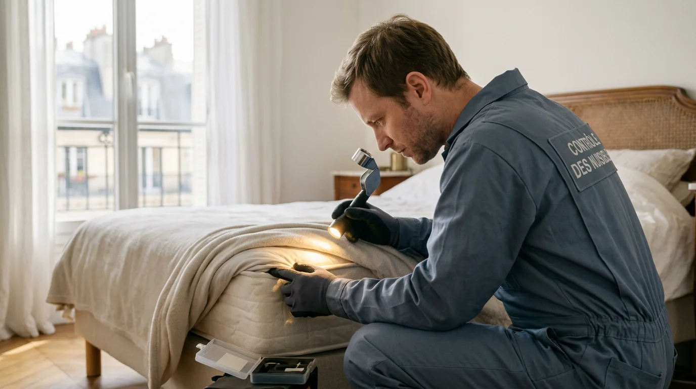 Technicien européen inspectant les coutures d'un matelas à la recherche de punaises de lit