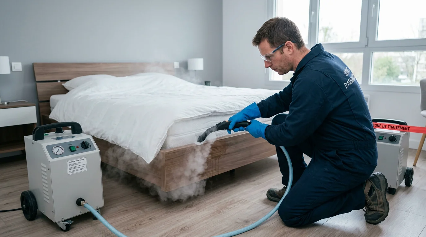 Technicien européen appliquant un traitement à la vapeur sèche contre les punaises de lit