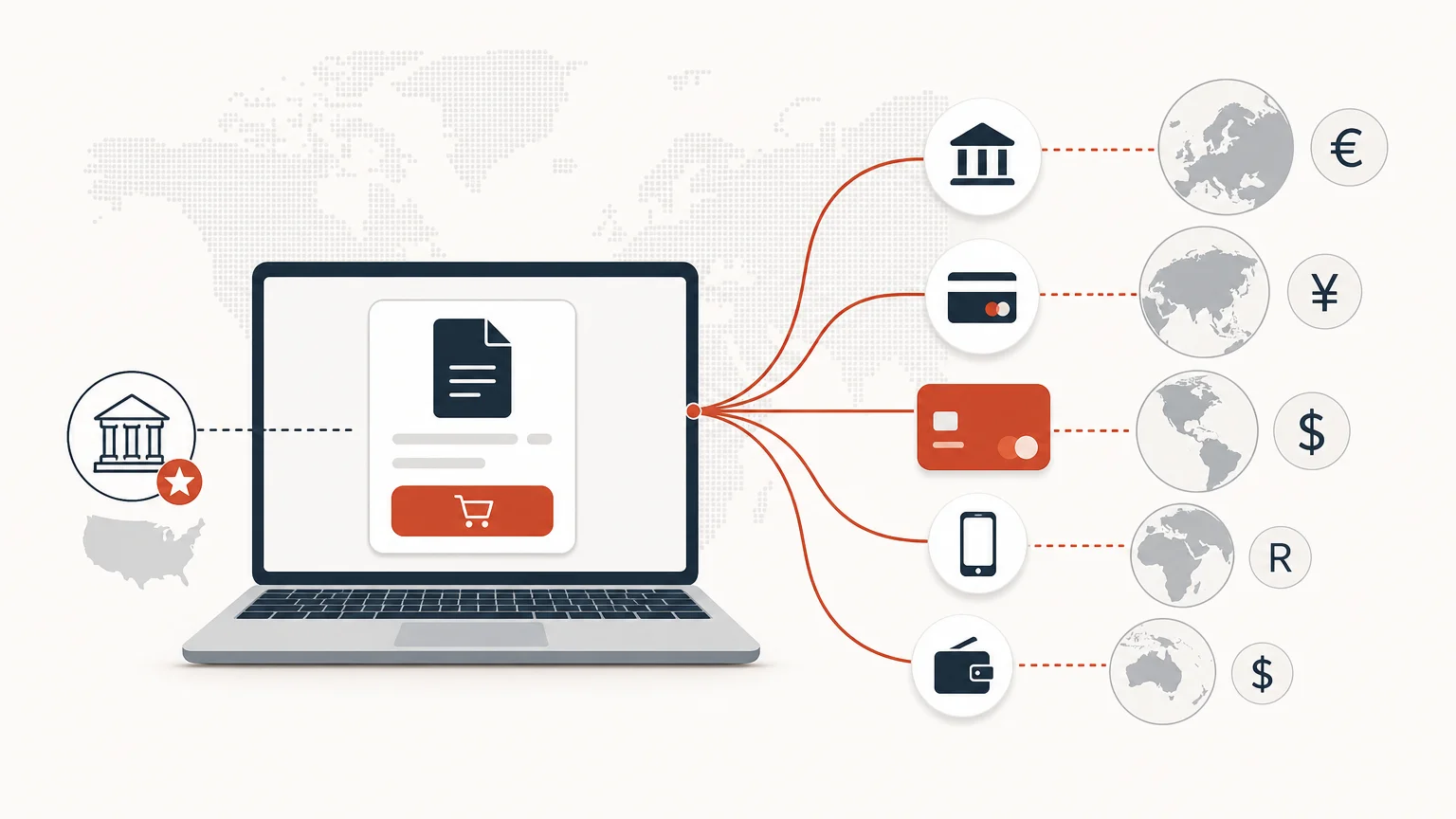Editorial illustration of international payment infrastructure for digital creators