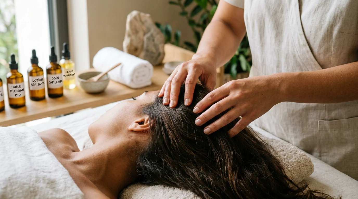 Massage du cuir chevelu réalisé par une praticienne lors d'un soin head spa