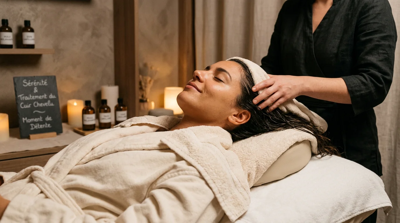 Cliente détendue pendant une séance de head spa en institut