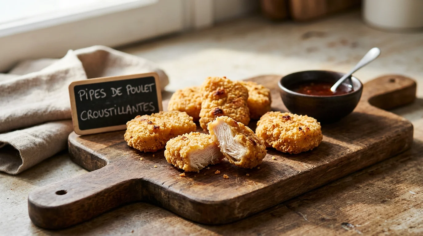 Nuggets de poulet dorés coupés en deux montrant la viande blanche à l'intérieur