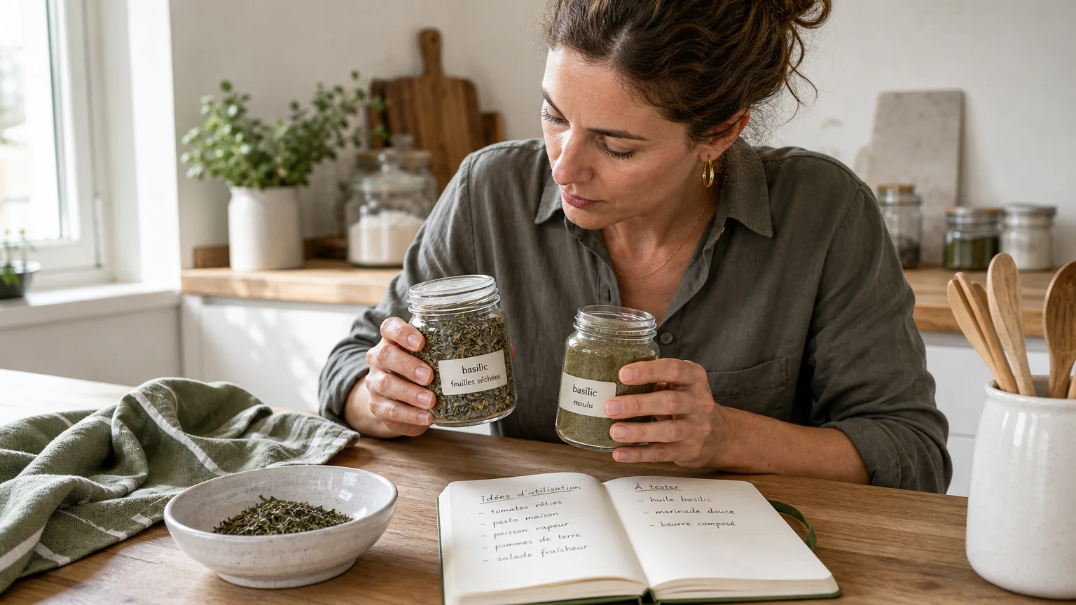 Comparaison entre feuilles de basilic séchées et basilic moulu dans une cuisine