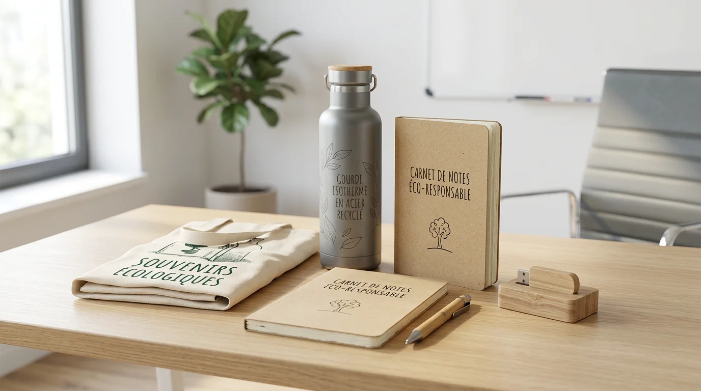 Assortiment de nouveaux objets publicitaires éco-responsables sur un bureau